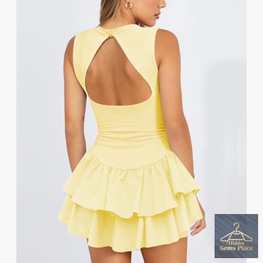 Slim Fit Tennis Dress with Built-in Shorts, Ruffle Pleats, Keyhole Back - Picture 2 of 6